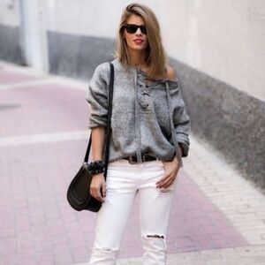 ZARA Wool Mohair Chunky Knit Lace Up Woven Sweater in Small